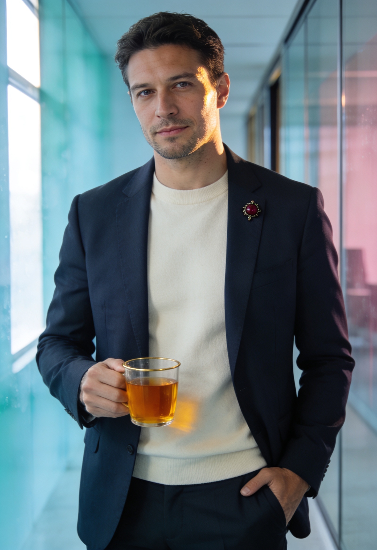 Camlı ofiste çay bardağı tutan fintech yöneticisi