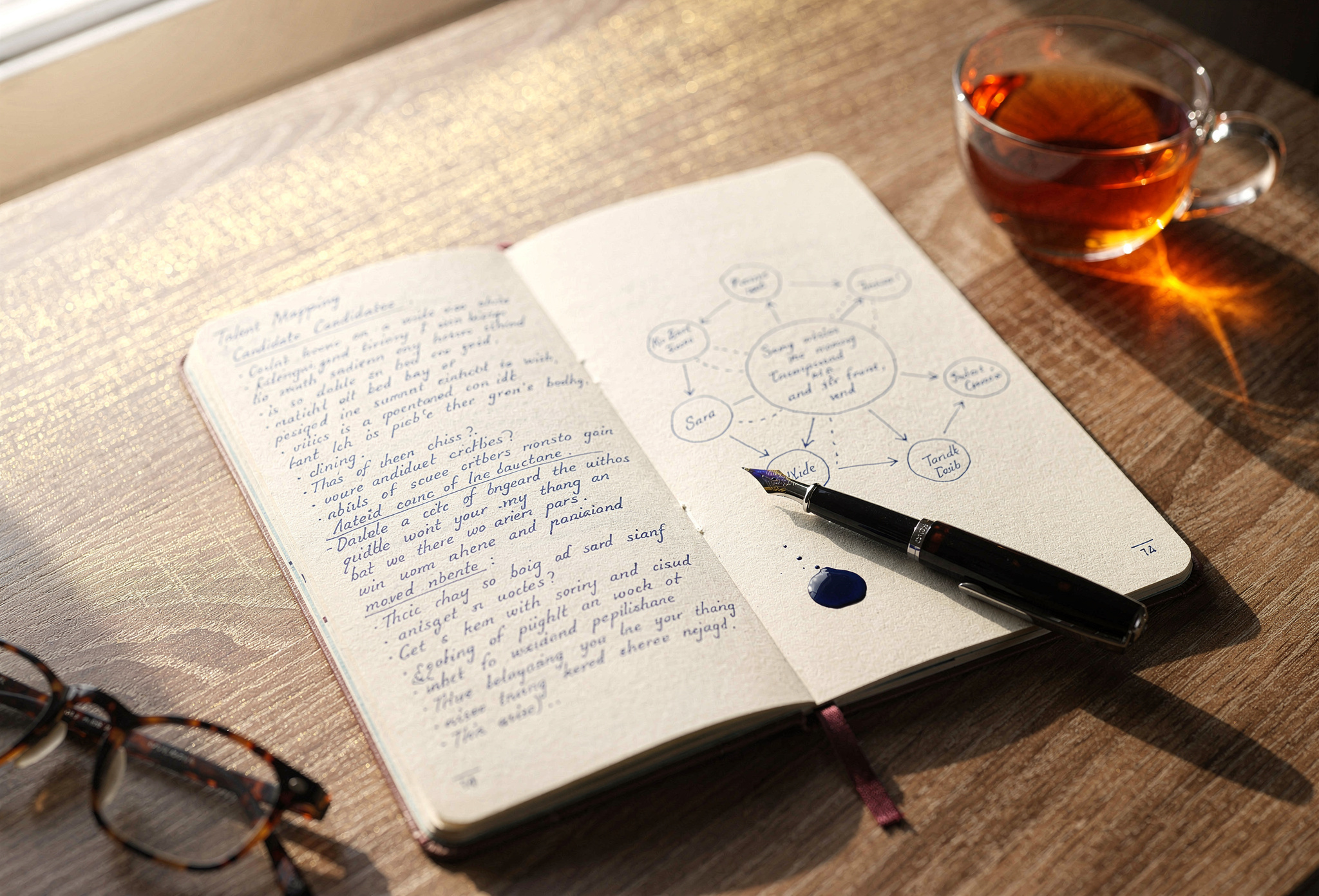 Brifing notları yazılı kraft kapaklı defter ve dolma kalem